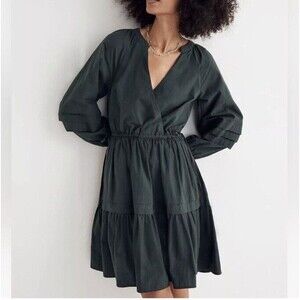Madewell Green Tiered Poplin Wrap Dress Sz Small Cotton Balloon Sleeve Side Tie